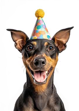 German Pinscher Dog with Party Hat Portrait
