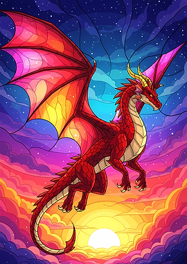 Red Dragon Soaring Through Colorful Sky