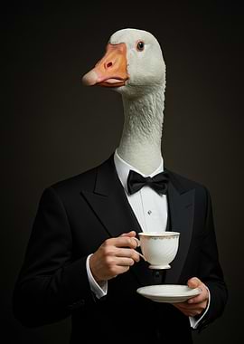 Goose in Tuxedo Drinking Tea