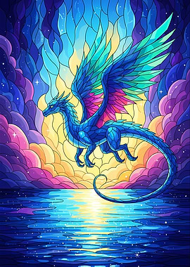 Blue Dragon Over Water Stained Glass