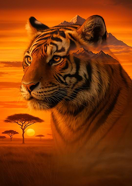 Tiger Portrait with African Landscape