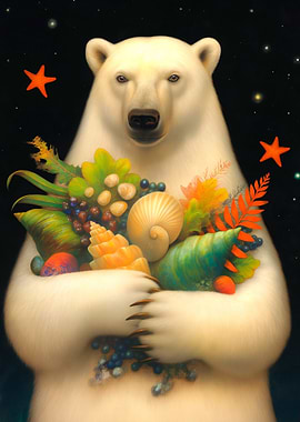 Polar Bear with Seashells and Berries