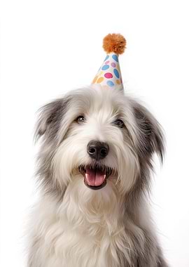Bearded Collie Dog with Party Hat