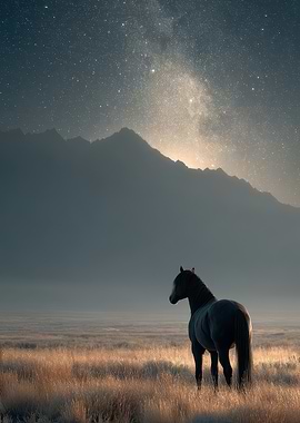 Horse under starry night landscape