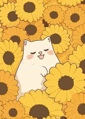Cute Cat Surrounded by Sunflowers