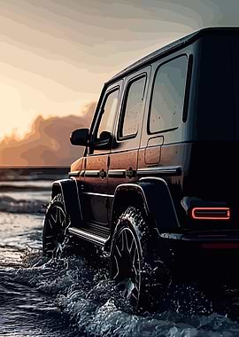 Black SUV on Beach at Sunset