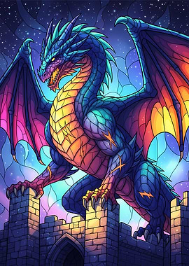 Dragon on Castle at Night