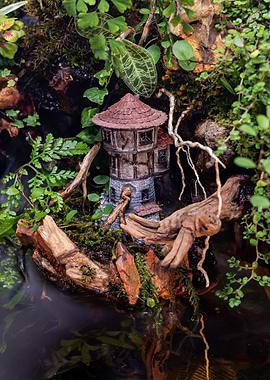 Miniature Tower in Lush Terrarium Setting