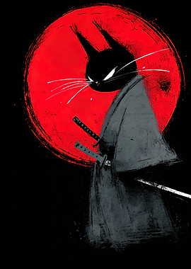 Samurai Cat with Red Moon