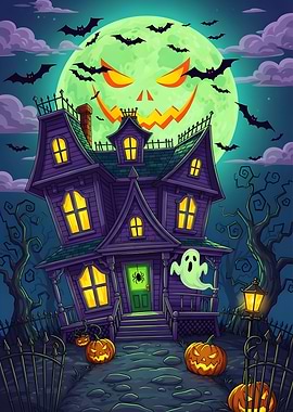 Cartoon Halloween Haunted House with Moon