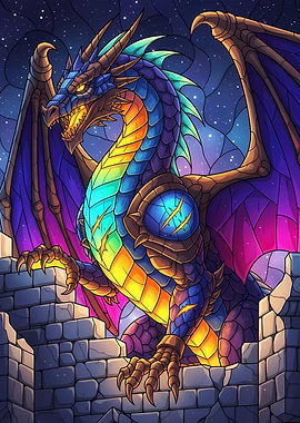 Colorful Dragon on Castle Wall