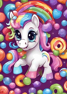 Cute Rainbow Unicorn with Candy Background