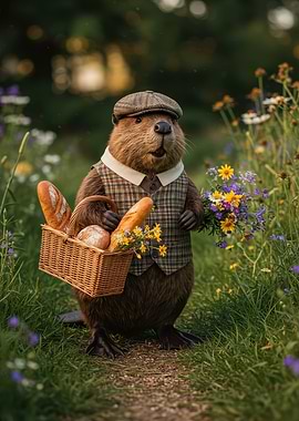 Dapper Beaver with Bread and Flowers