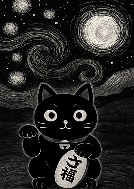 Maneki Neko under Starry Night Sky