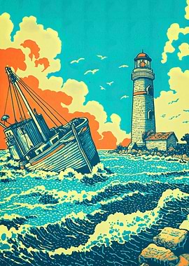 Seascape with Lighthouse and Shipwreck