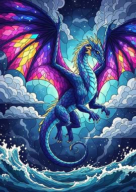 Stained Glass Dragon Over Ocean
