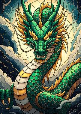 Green and Gold Dragon in Clouds