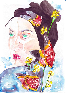 Watercolor Portrait with Butterflies and Flowers