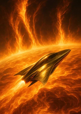 Spaceship flying near a sun