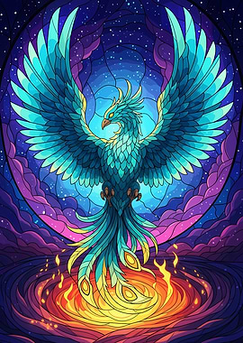 Teal Phoenix Rising from Flames