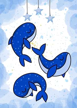 Cute Blue Whales with Stars Illustration