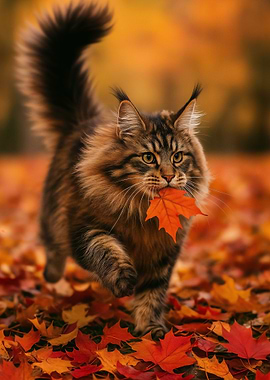 Maine Coon Cat in Autumn Forest