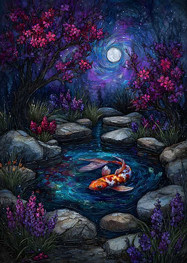 Koi Pond Under Moonlight