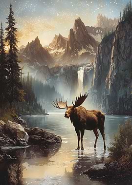 Moose in Mountain Lake Landscape