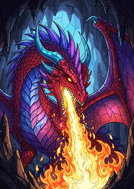 Red Dragon Breathing Fire in Cave