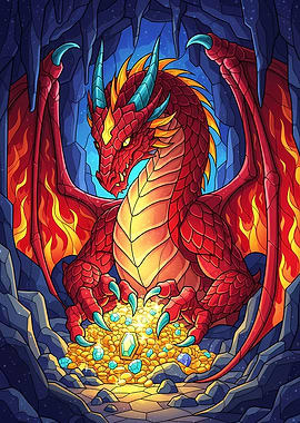 Red Dragon Hoarding Treasure in Cave