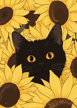 Black Cat in Sunflowers Illustration