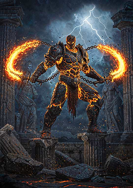 Fiery Warrior in Ancient Ruins