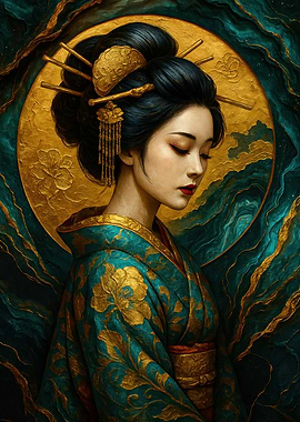 Elegant Geisha Portrait with Golden Accents