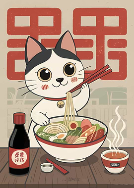 Cat Eating Ramen