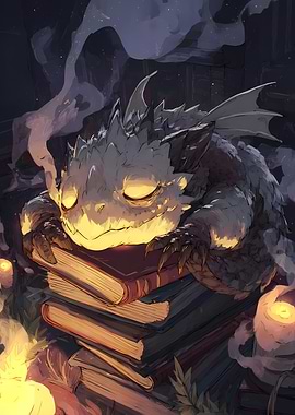 Small Dragon Sleeping on Books