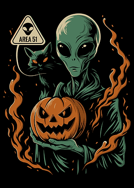 Alien, Cat, and Pumpkin Halloween Art