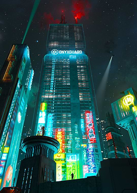 Cyberpunk Cityscape with a Hero standing infront of a tower