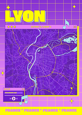 Lyon France Map Retro Aesthetic
