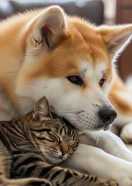 Akita Dog and Cat Cuddling Together