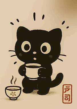 Cute Black Cat Drinking Tea