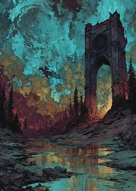Ethereal Clock Tower Landscape Painting