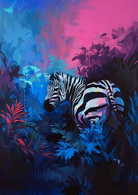 Vibrant Zebra in Colorful Jungle Painting