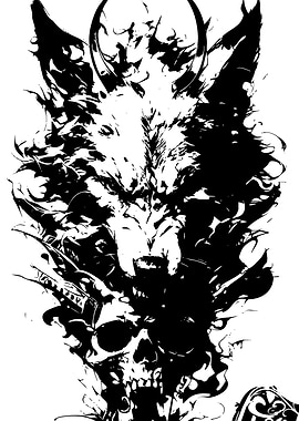 Wolf and Skull Black and White