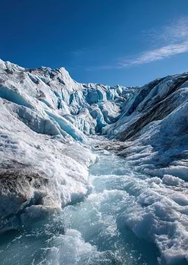 Glacier stream under a blue sky