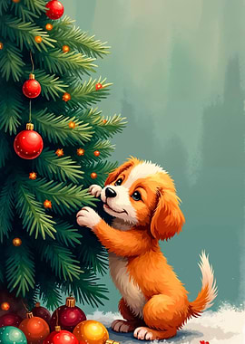 Puppy Decorating Christmas Tree