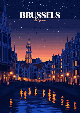 Brussels Belgium Night Cityscape Art
