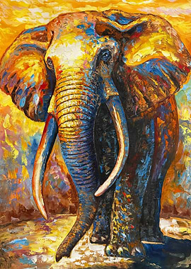 Majestic giant, African Elephant Abstract, Blue & Gold Textured Wildlife Poster