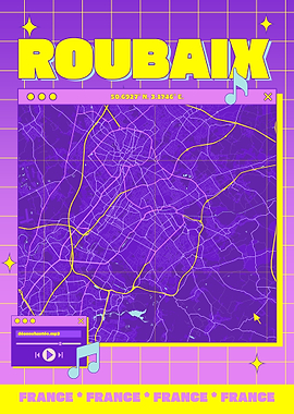 Roubaix France Map Retro Poster