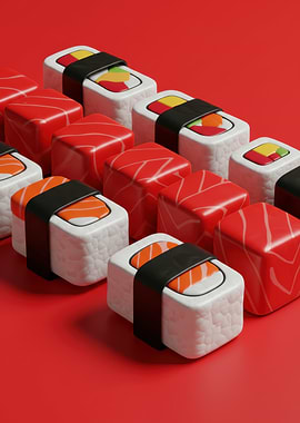 Stylized Sushi on Red Background