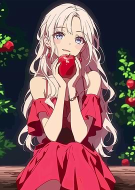 Anime Girl with Apple in Garden